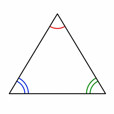 A triangle with its three interior angles marked by colored arcs.