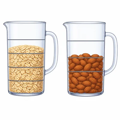 Two measuring cups showing shaded fractional amounts of oats and nuts.
