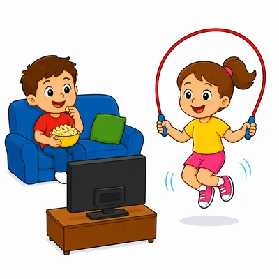 A child watching TV and a child jumping rope.