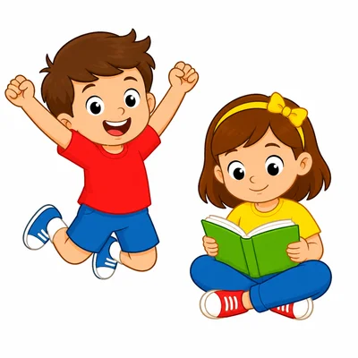 A child jumping and a child reading.
