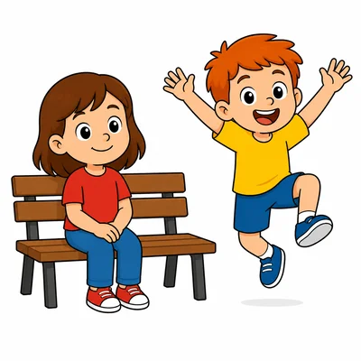 One child sitting and one child hopping actively.
