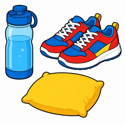 A water bottle, shoes, and a pillow.