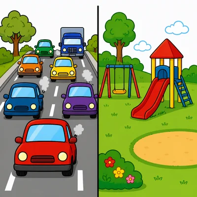A busy street and a playground.