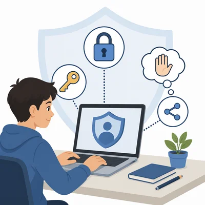 A student at a laptop is surrounded by symbols for privacy, strong passwords, and pausing before posting.
