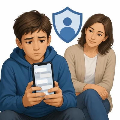 A worried student holds a phone with blank chat bubbles while a trusted adult and safety shield are nearby.