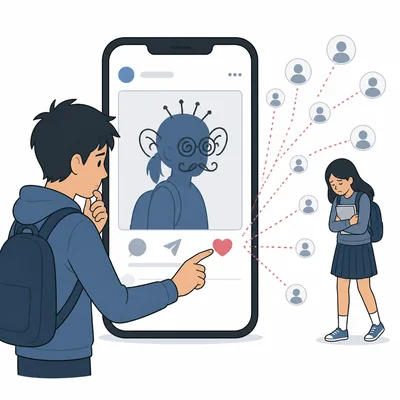 A student hesitates before liking a hurtful social media post while another student looks upset.