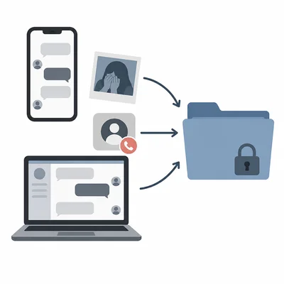 Messages, images, and phone records are shown being saved into a locked folder as evidence.