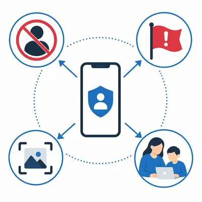 Four safety actions—blocking, reporting, saving a screenshot, and telling an adult—surround a smartphone.