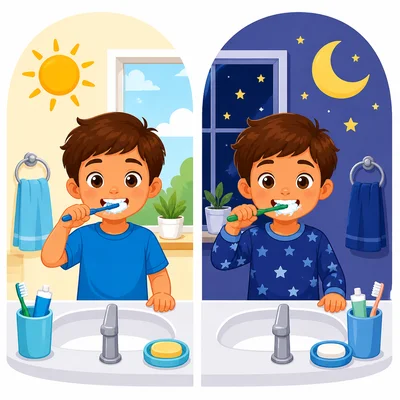 Child brushing teeth in the morning and at bedtime.