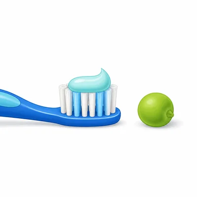 Pea-sized dab of toothpaste on a toothbrush.