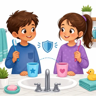 Two children using separate toothbrushes.
