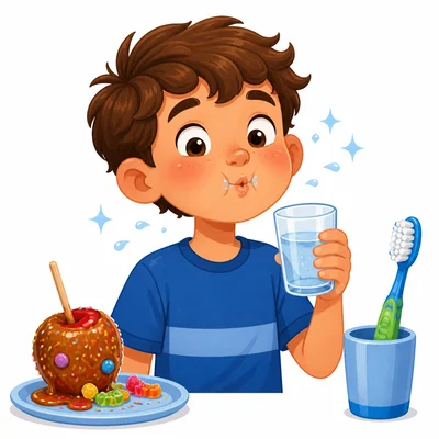 Child rinsing with water after a sticky treat.