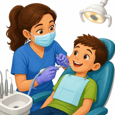 Dental hygienist cleaning a child’s teeth.
