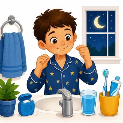 Child doing a bedtime tooth care routine.