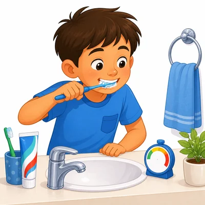 Child brushing teeth with a stopwatch nearby.