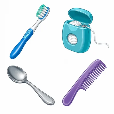Toothbrush, dental floss, spoon, and comb.