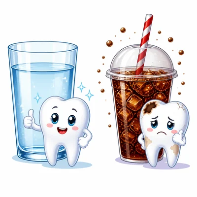 Water and soda shown with tooth characters.