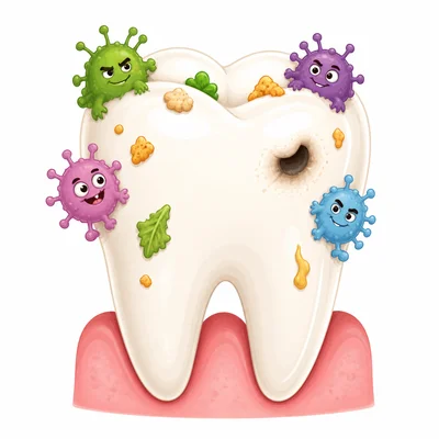 Food and germs on a tooth causing a cavity spot.