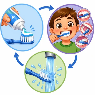 Pictures of toothpaste, brushing teeth, and rinsing a toothbrush.