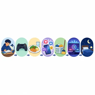 An icon sequence showing an evening routine from homework to games, dinner, phone use, chores, videos, and bedtime.