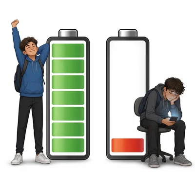 Two battery icons compare a full rested energy level with a low drained energy level caused by tired screen use.