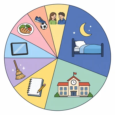 A circle chart of one day divided into activities such as sleep, school, chores, screen entertainment, meals, exercise, and social time.