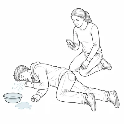 Bystander helping an unconscious person in the recovery position while using a phone.