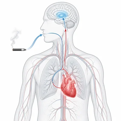 Diagram showing nicotine reaching the lungs, heart, blood vessels, and brain.