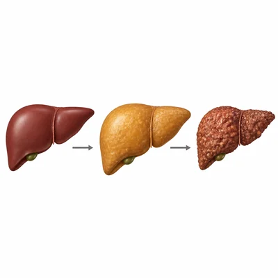 Progression from a healthy liver to fatty liver and cirrhosis.