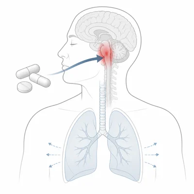 Diagram showing opioids affecting the brainstem and slowing breathing.