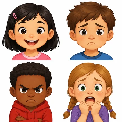 Four child faces showing happy, sad, angry, and scared emotions.