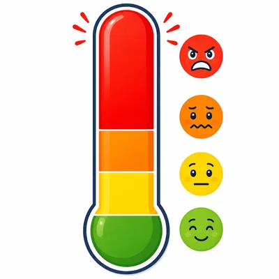 A color feelings thermometer with calm green at the bottom and intense red at the top.