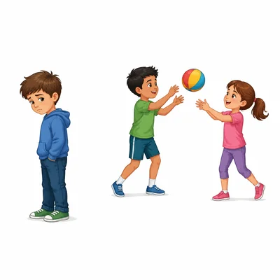 A child looks left out while two classmates play together.