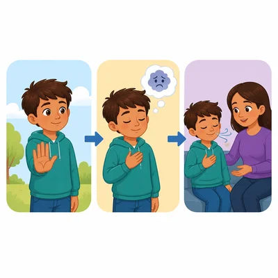 A child pauses, notices a feeling, and then uses a calming strategy.