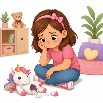 A sad girl sits beside a broken toy with tears in her eyes.
