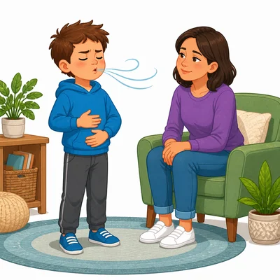 An angry child takes deep breaths while a caring adult listens.