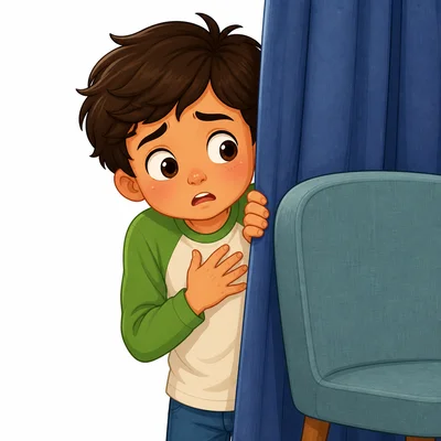 A child with wide eyes hides partly behind a chair, looking scared.