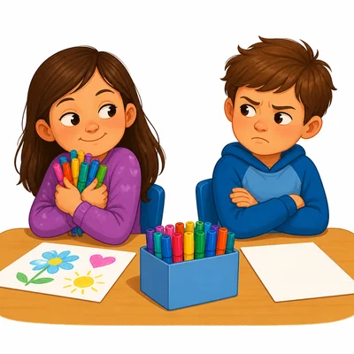 One child keeps the markers while another child looks frustrated.