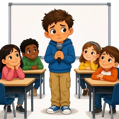 A nervous child stands in front of classmates about to sing.