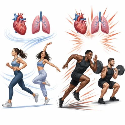 Continuous aerobic activities are contrasted with short explosive anaerobic activities.