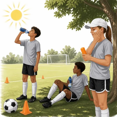 Soccer players practice safely in hot weather by drinking water, using shade, and applying sun protection.
