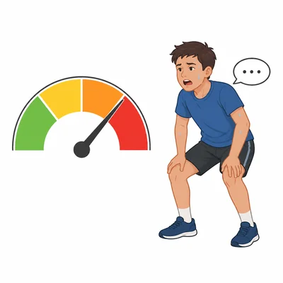 An exertion gauge points to high intensity while a student breathes hard during exercise.