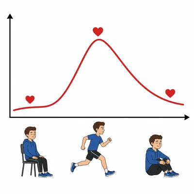 A heart rate graph shows low resting rate, higher exercise rate, and lowering recovery rate.