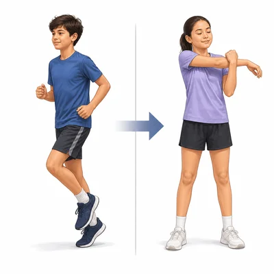 Two students show a warm-up before exercise and a cool-down stretch after exercise.