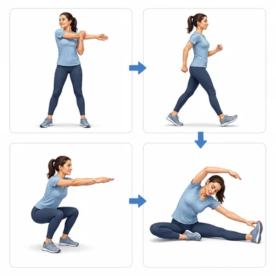 A four-part beginner workout sequence from warm-up to main activity, strength or flexibility work, and cool-down.