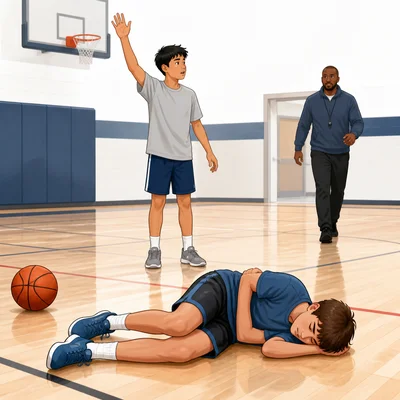 A student has fallen in a gym while another student checks the scene and signals for help.