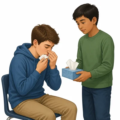 A student treats a nosebleed by leaning forward and pinching the soft part of the nose.