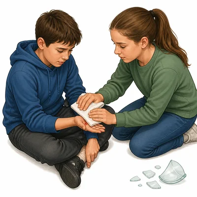 A student applies a clean cloth with pressure to another student’s bleeding hand cut.
