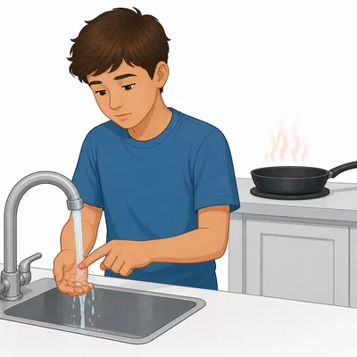 A minor finger burn is cooled under running water at a sink.