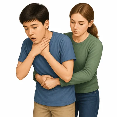 A responder performs abdominal thrusts on a choking student.